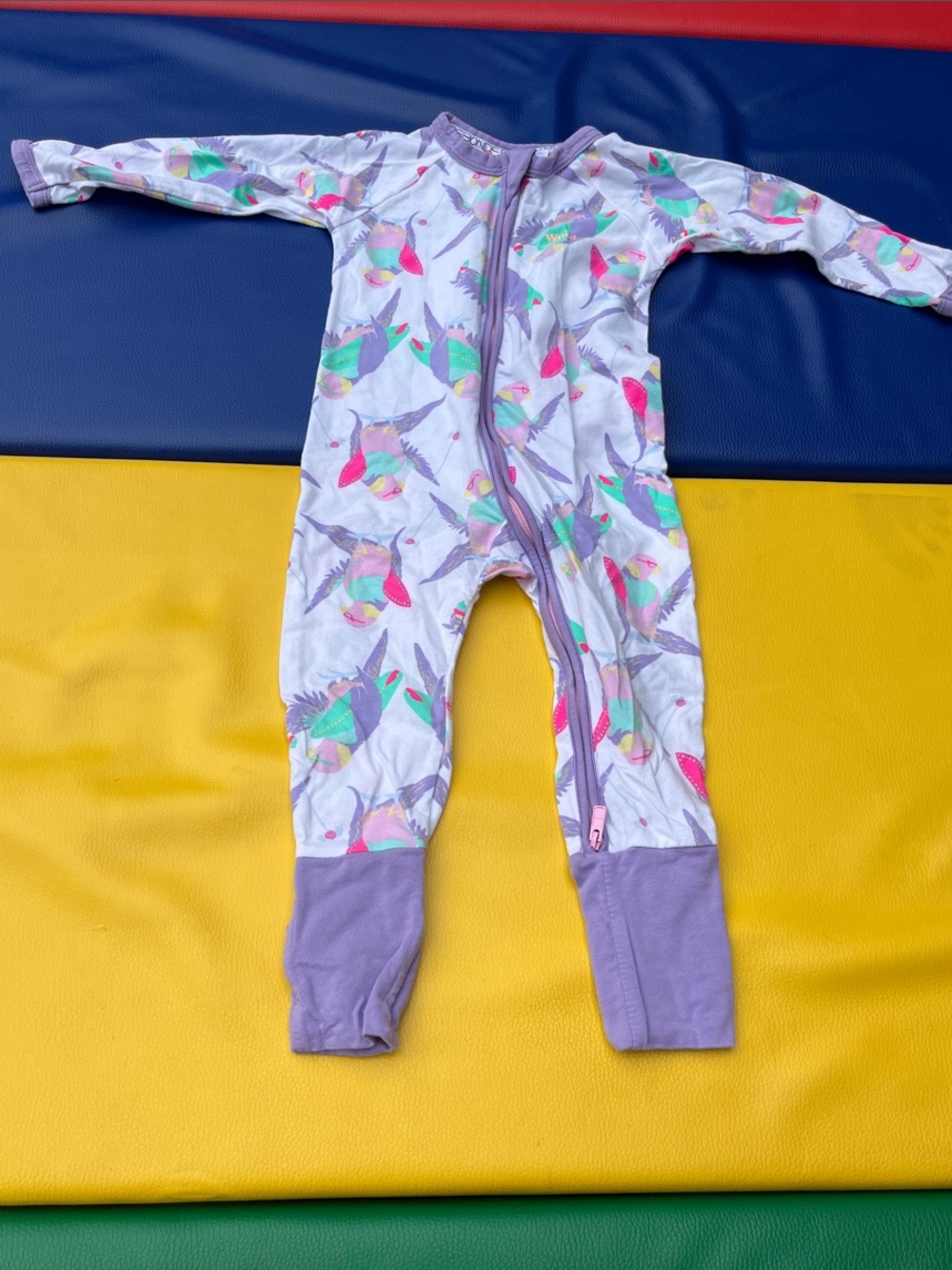 Bonds Wondersuit PJ Long Sleeve One-Piece Romper in Lavender with Bird Print